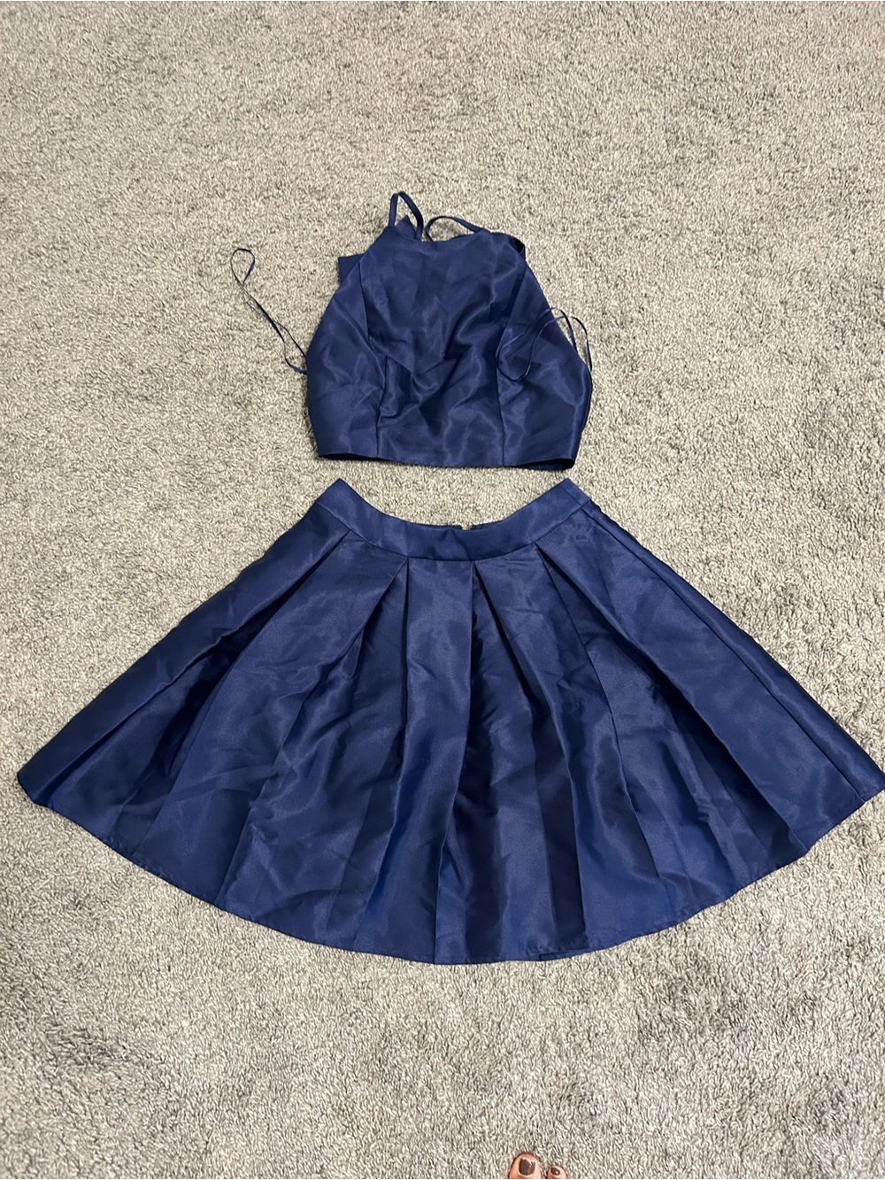 Navy Two-Piece Party Dress - Sleeveless Crop Top & Pleated Skirt